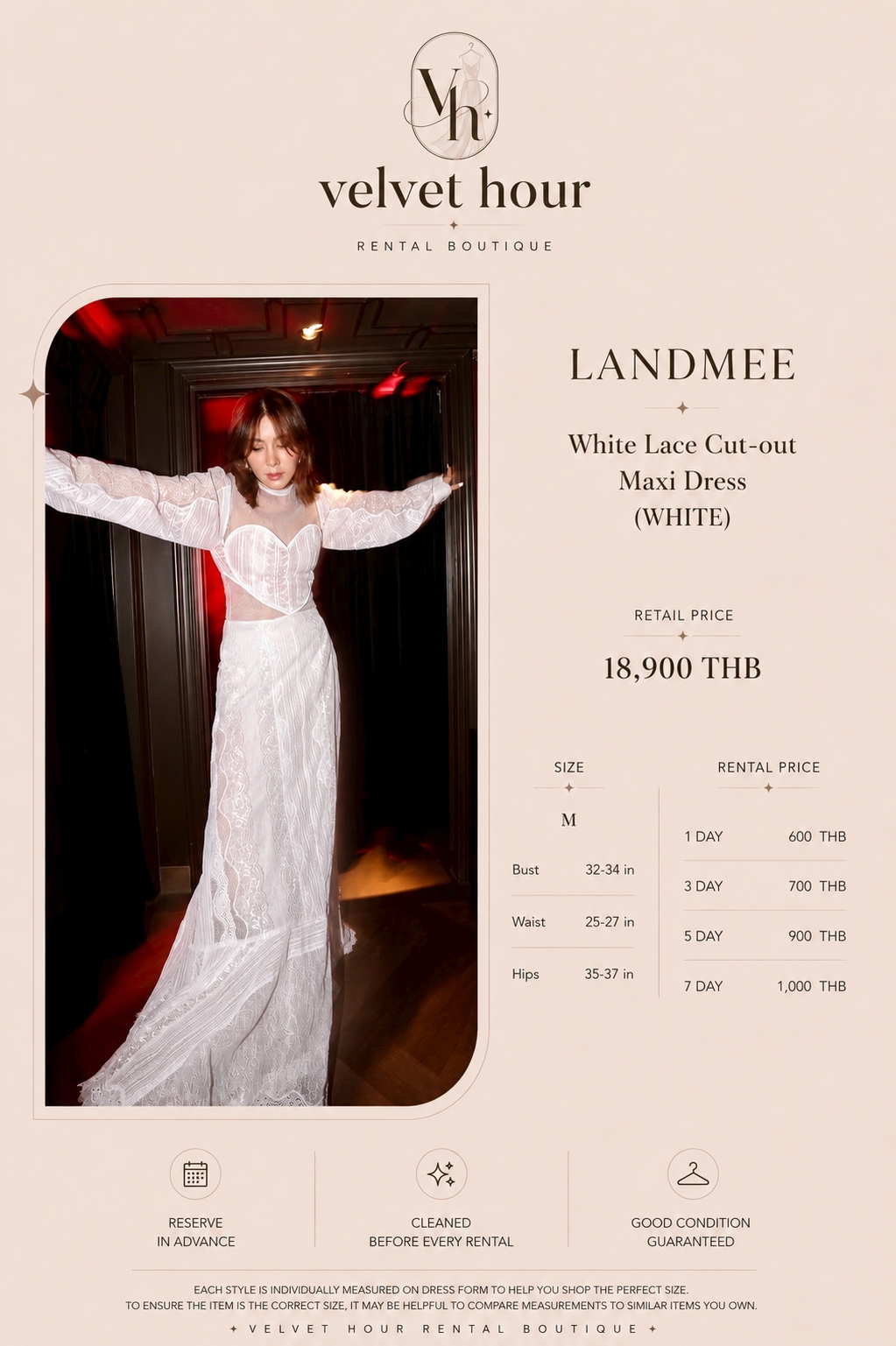 เช่าชุด Landmee White Lace Cut-out Maxi Dress — Velvet Hour กรุงเทพ